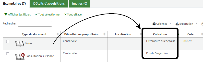 vue du nom de collection "Littérature québécoise"localisation "Présentoir" visible dans la colonne "Collection" d'une notice exemplaire