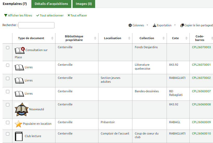 vue du tableau des exemplaires pour visualiser les variations de type de document, de localisation et de collection.