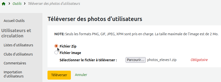 vue du choix de fichier "ZIP" et du bouton "Parcourir" de sélection de fichier