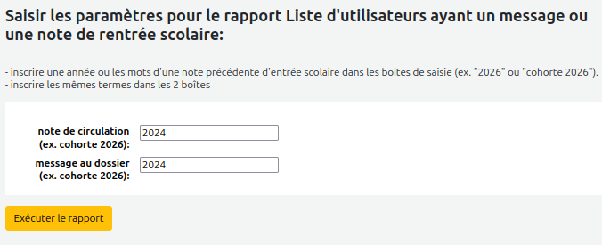 vue du formulaire d'exécution du rapport
